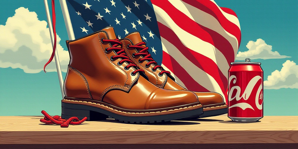 a collage of a pair of shoes and a can of soda on a table with a flag in the background, Amir Zand,