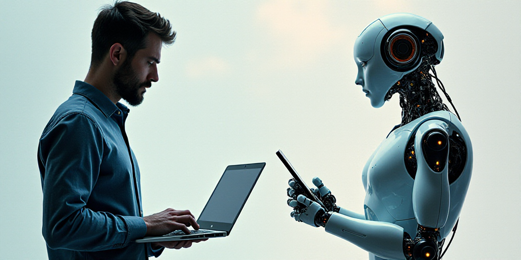 a collage of images with a man holding a laptop and a robot holding a phone and a computer, Ai-Mitsu