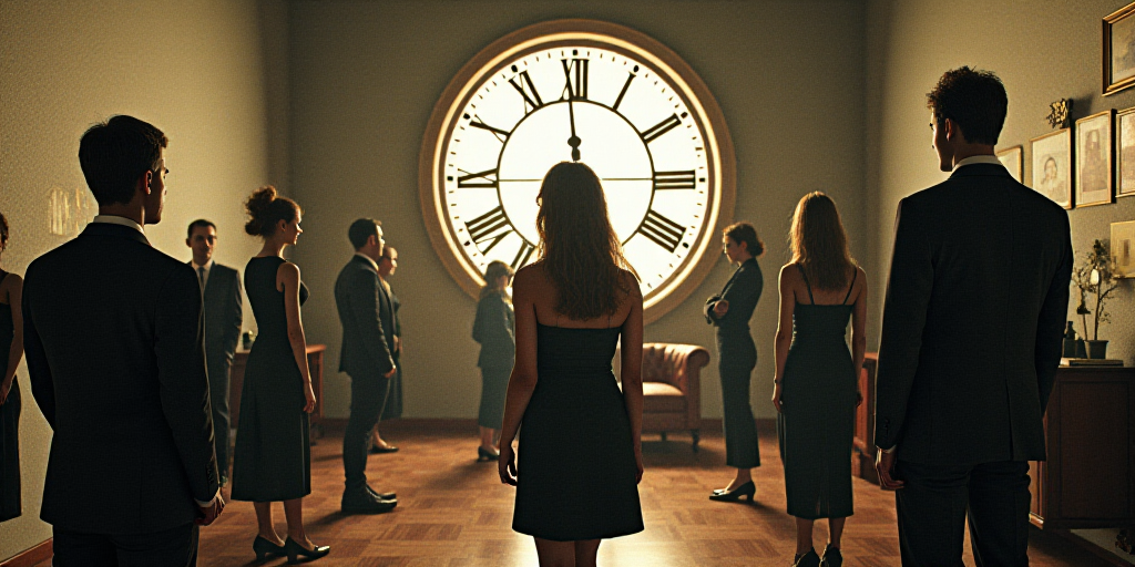 a collage of people in a room with a clock and a woman in a black dress and a man in a suit, Araceli
