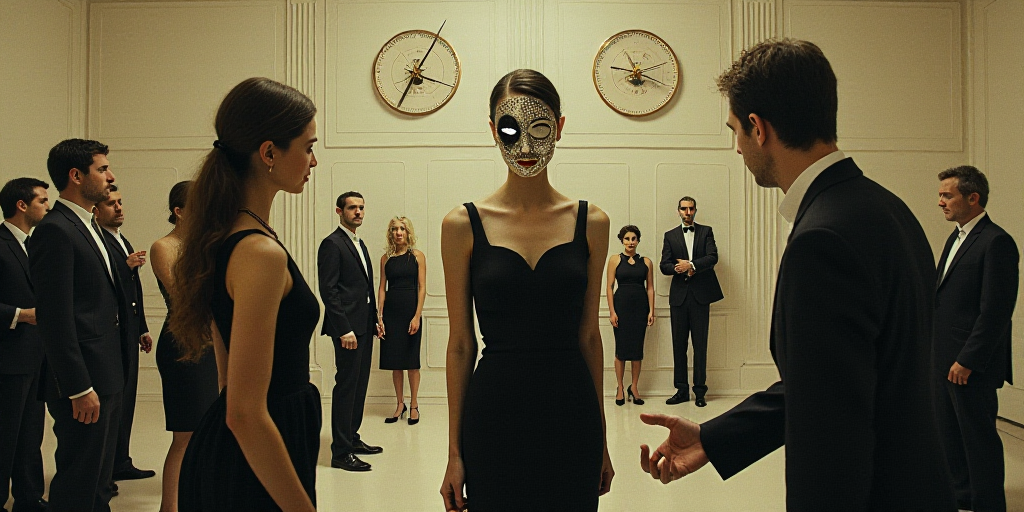 a collage of people in a room with a clock and a woman in a black dress and a man in a suit, Araceli