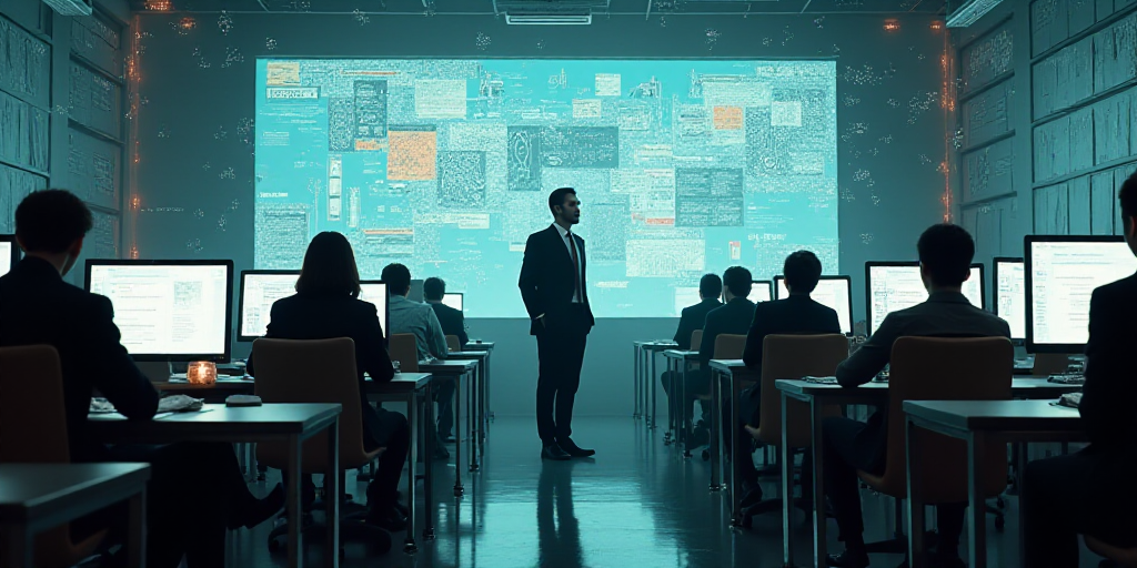 a collage of people in a room with computers and a man in a suit and tie standing in front of a comp