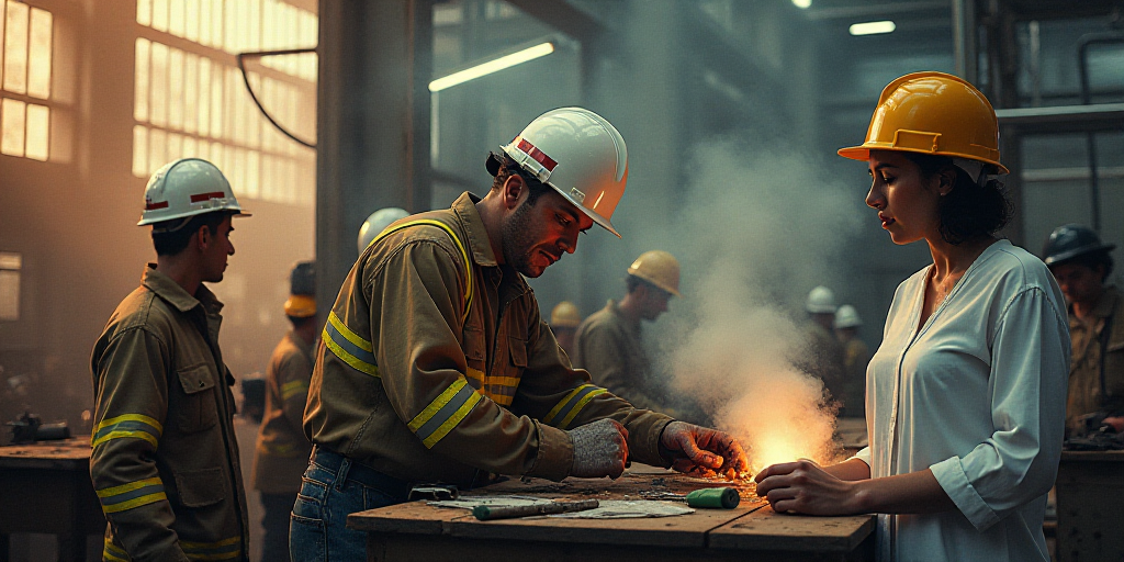 a collage of people working and working in a factory and a fireman in a hard hat and a woman in a wh