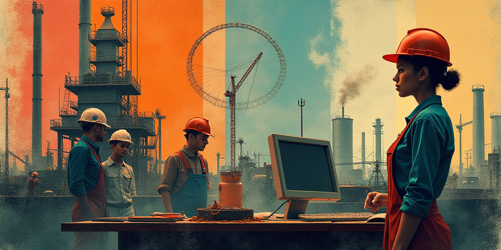 a collage of people working and working in a factory and a woman in a hard hat is standing in front