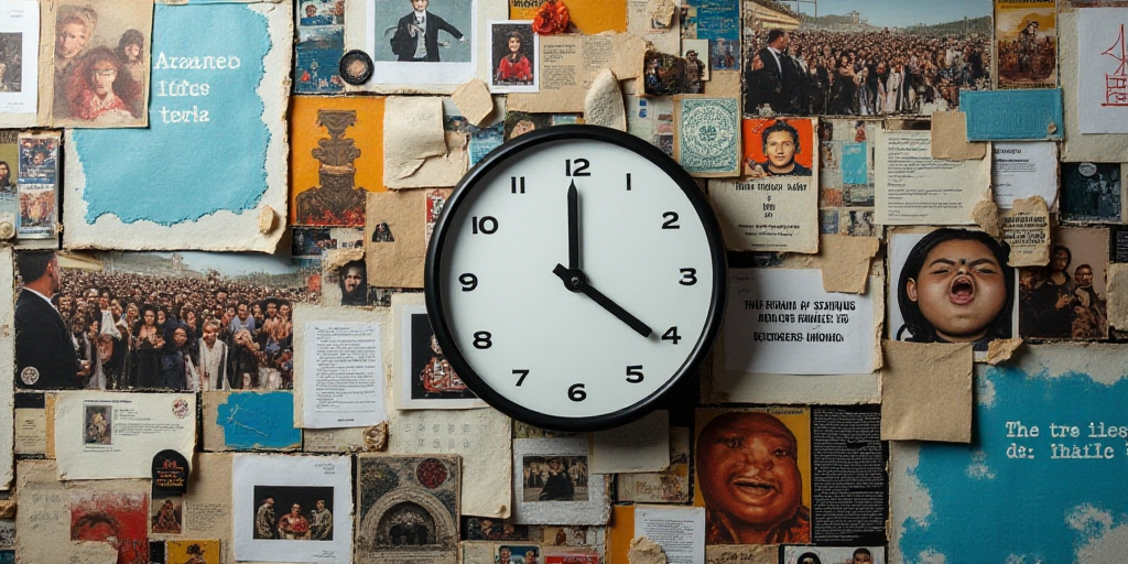 a collage of photos with a clock and a blue paper with a word on it and a group of people, Edi Rama,