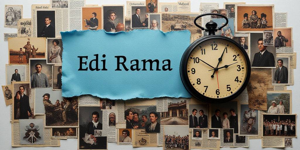 a collage of photos with a clock and a blue paper with a word on it and a group of people, Edi Rama,