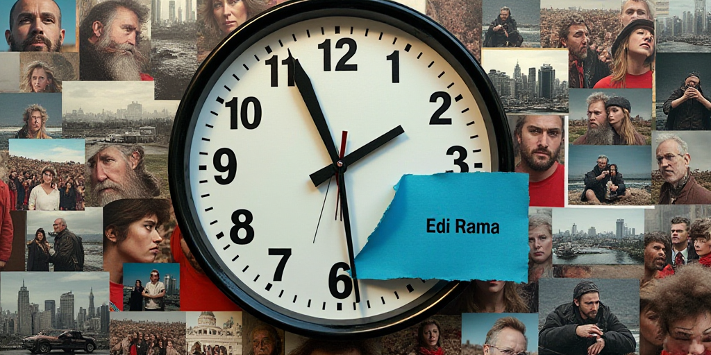 a collage of photos with a clock and a blue paper with a word on it and a group of people, Edi Rama,