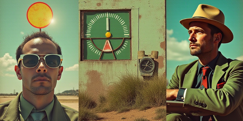 a collage of photos with a man and a clock and a calendar with a green background and a man in a hat