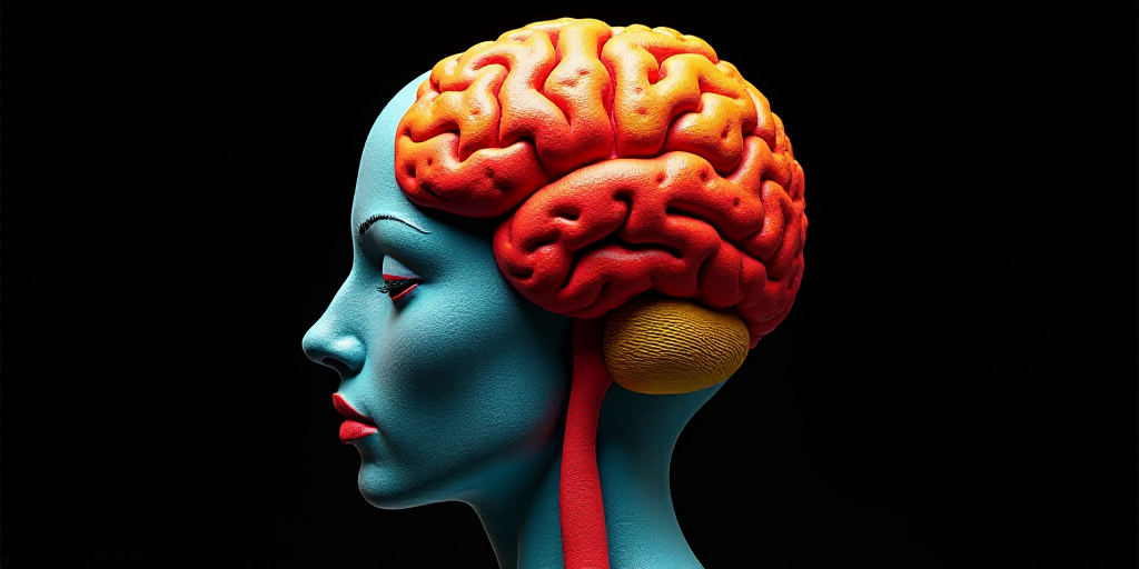 a colorful image of a human head with a brain highlighted in red and yellow colors, with a black bac