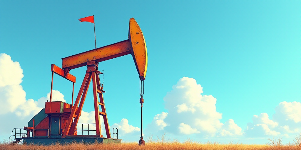 a colorful oil pump with a flag on top of it and a blue sky in the background with clouds, Dahlov Ip