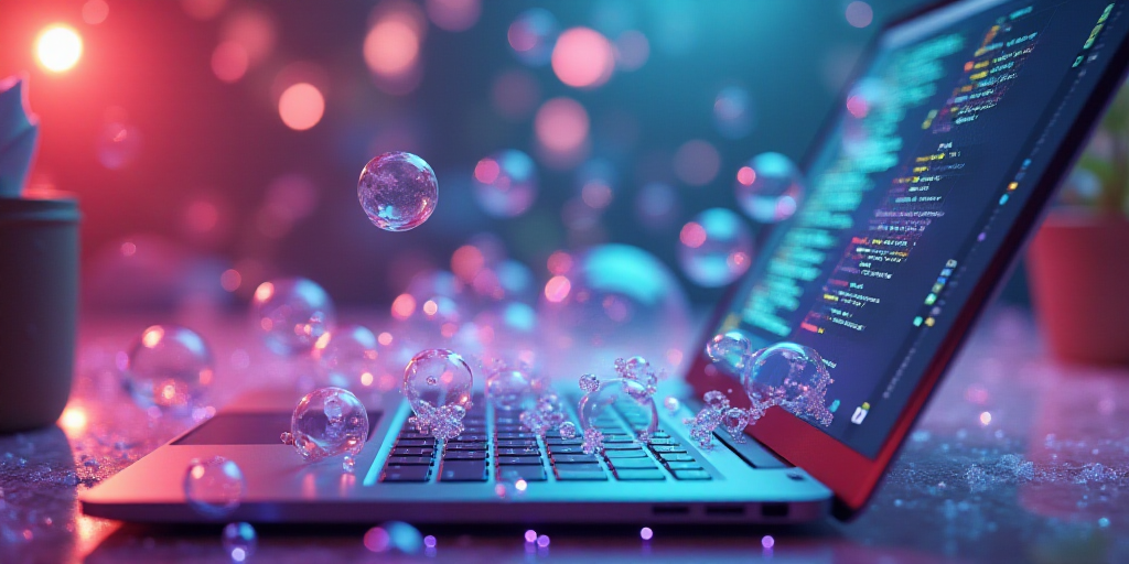 a colorful picture with a bunch of bubbles floating in the air and a laptop in the background with a