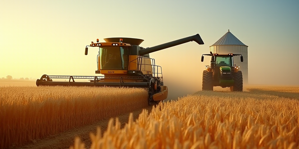 a combine of grain being harvested in a field with a tractor behind it and a grain silo in the backg