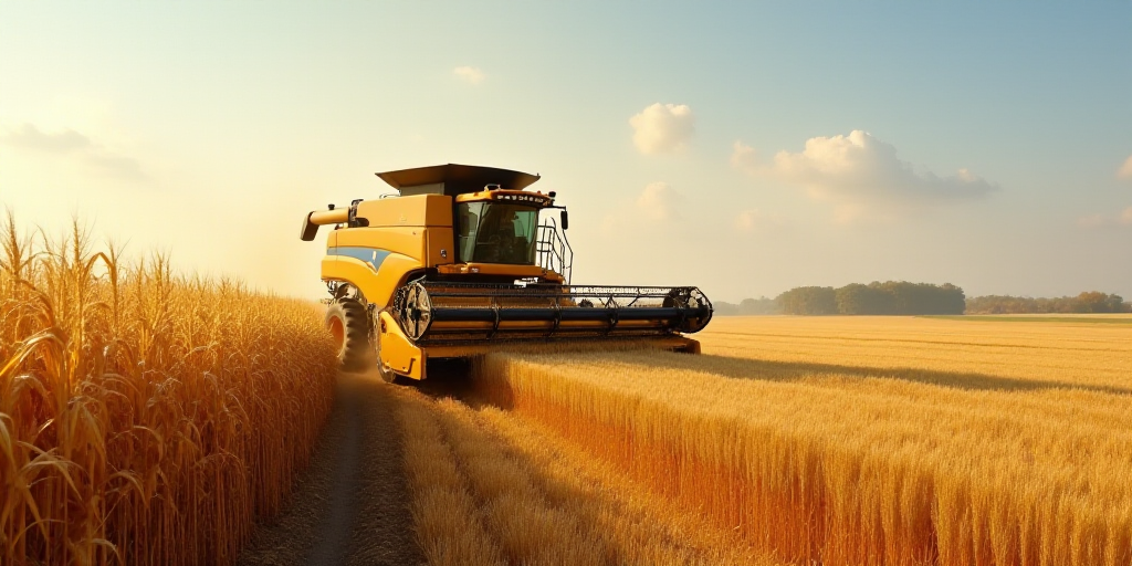 a combine of grain being loaded onto a truck by a machine in a field of corn on a sunny day, Corneli