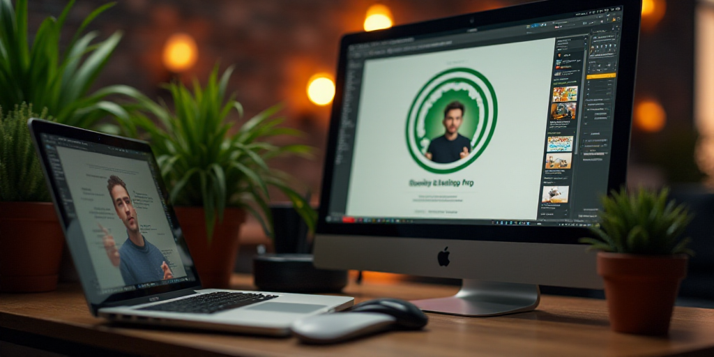 a computer screen with a logo on it and a man in the background on the screen and a laptop, Carlos E