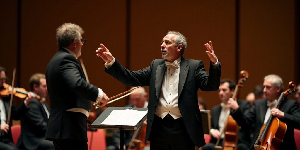 a conductor and orchestra with a conductor in the background and a conductor in the foreground, with