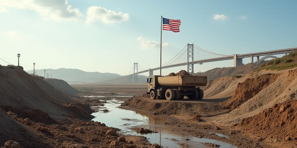 a construction site with a truck and a flag in the mud and people standing around it and a bridge in