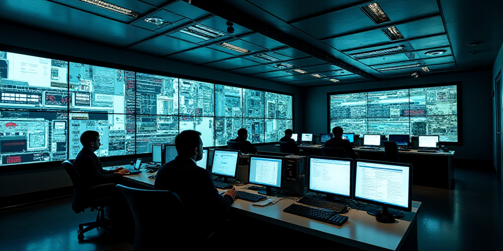 a control room with multiple monitors and laptops on the desks and on the wall of control rooms, Edi