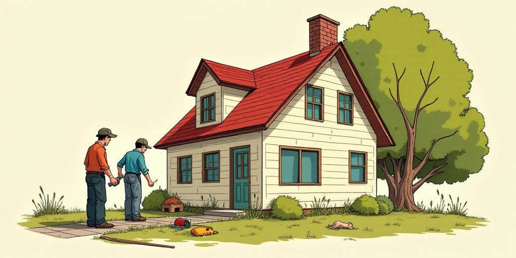 a couple of men painting a house with tools in front of them and a dog nearby on the ground, Chris W