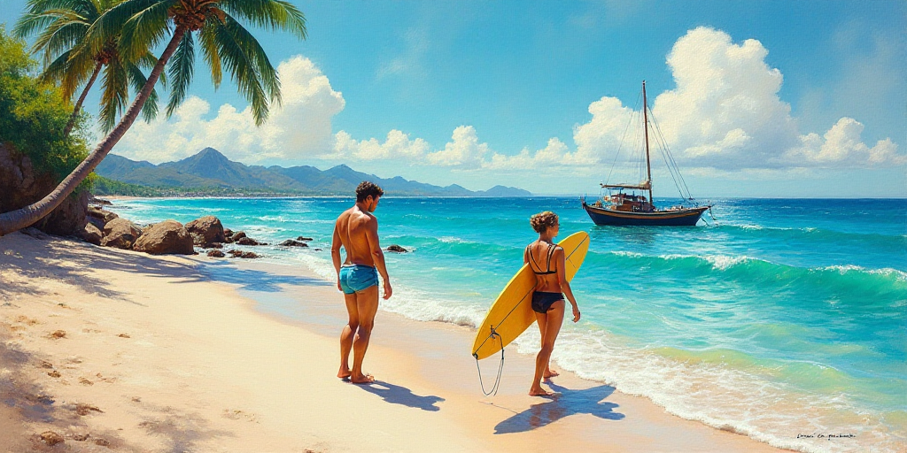 a couple of people on a beach with a surfboard and a boat in the background with palm trees, Bascove