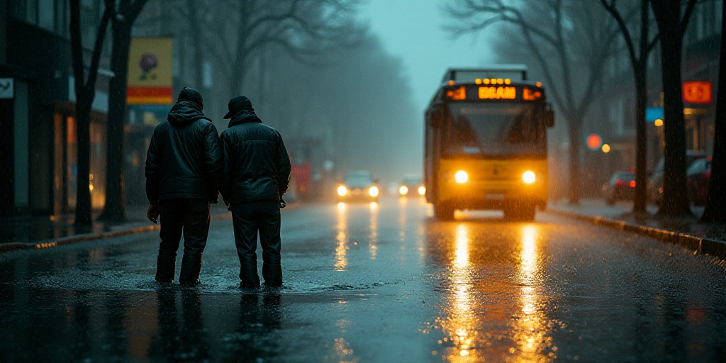 a couple of people standing in a flooded street next to a bus and a truck on a street with lights on