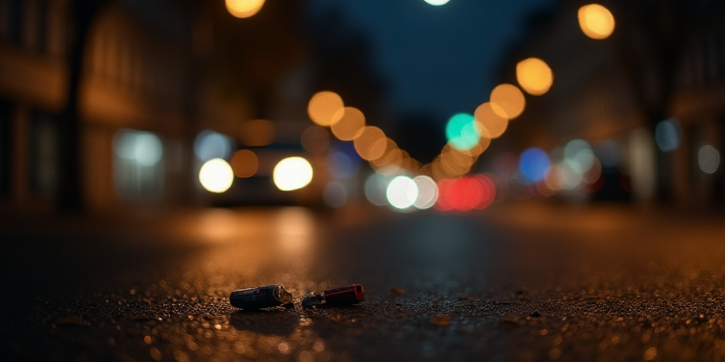 a couple of small objects on the ground in the street at night time with lights in the background an