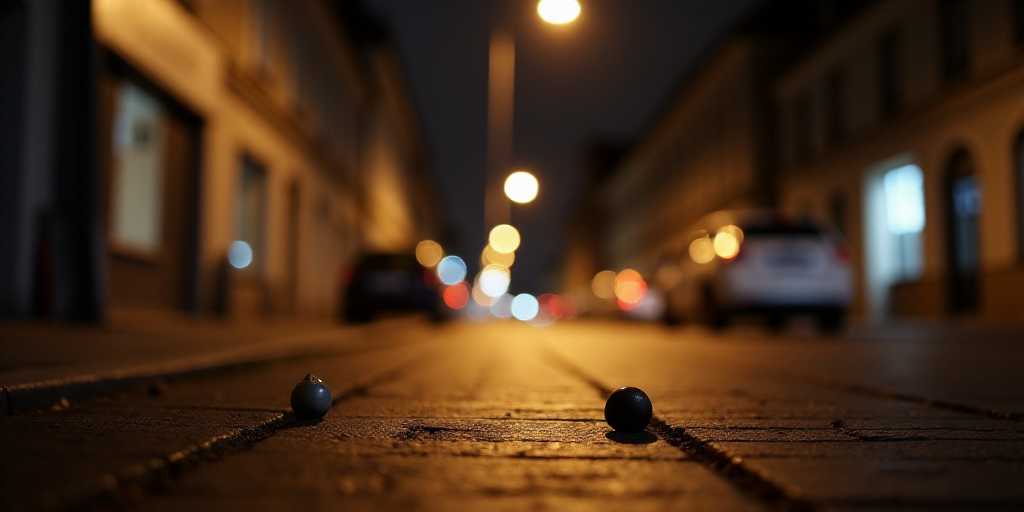 a couple of small objects on the ground in the street at night time with lights in the background an