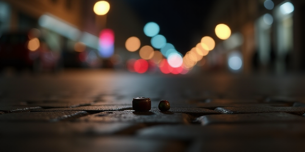 a couple of small objects on the ground in the street at night time with lights in the background an