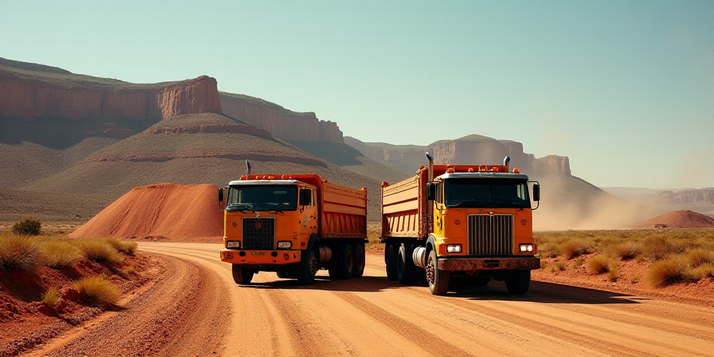 a couple of trucks are parked in front of a mountain side road with a large pile of dirt behind them