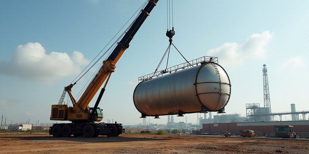 a crane is lifting a large tank into place to be used as a fuel storage unit for a power plant, Aqui