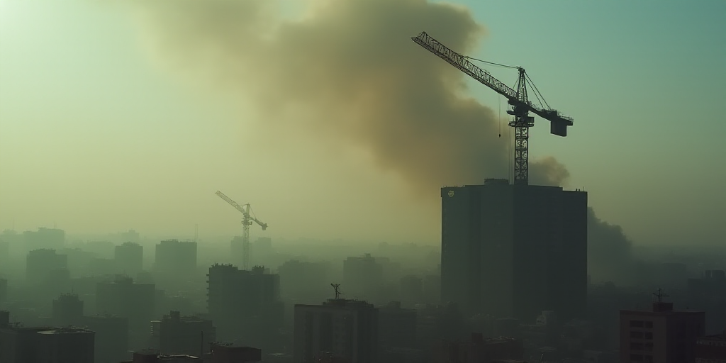 a crane is on a building with a lot of smoke in the background and a city in the foreground, Bouchta