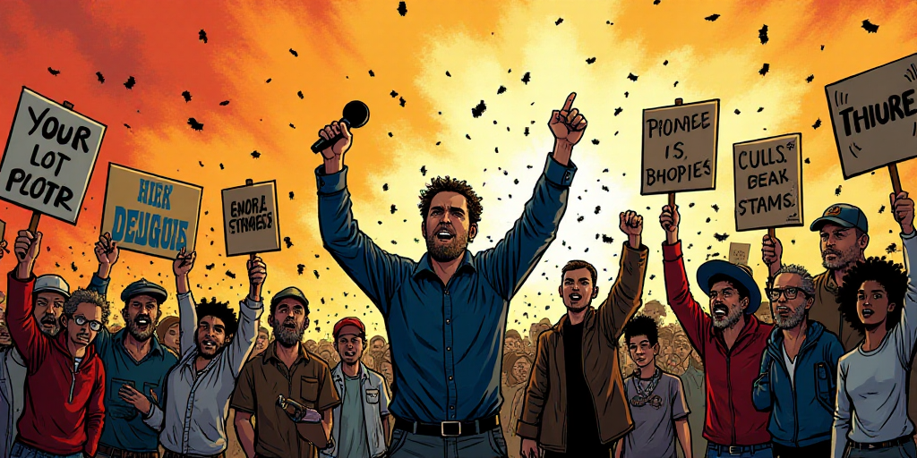 a crowd of people holding signs and signs in the air with a man holding a microphone in his hand, Ar