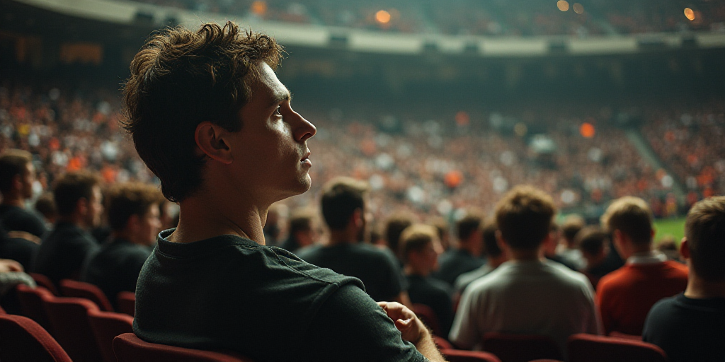 a crowd of people sitting in a stadium with a large face on the side of the crowd's head, Austin Eng
