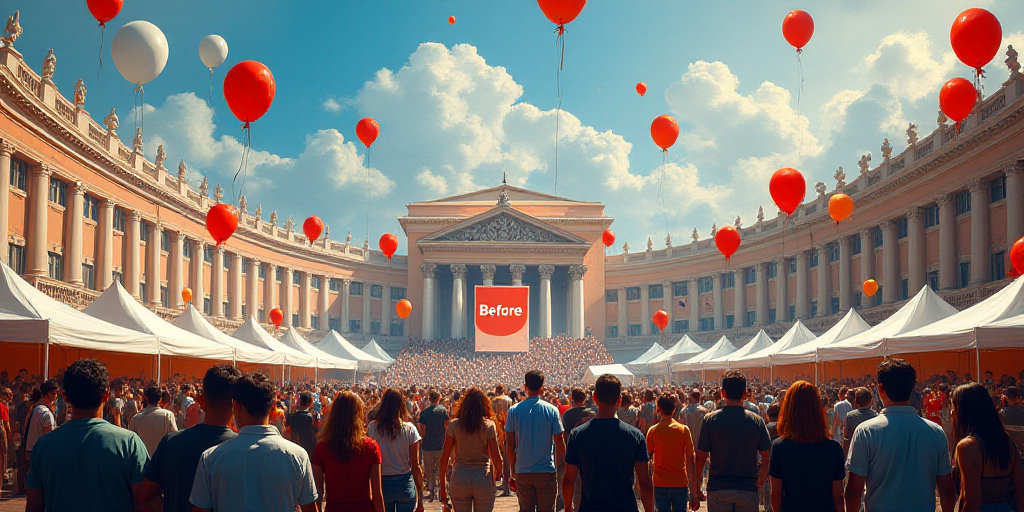 a crowd of people standing around a convention hall with balloons in the air and a sign that says be