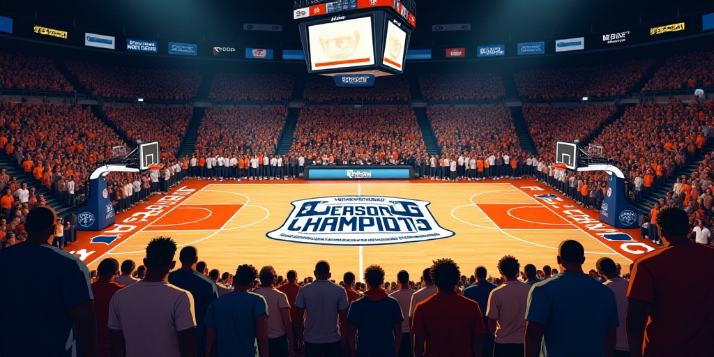 a crowd of people standing around a basketball court with a banner on it that says, final season cha