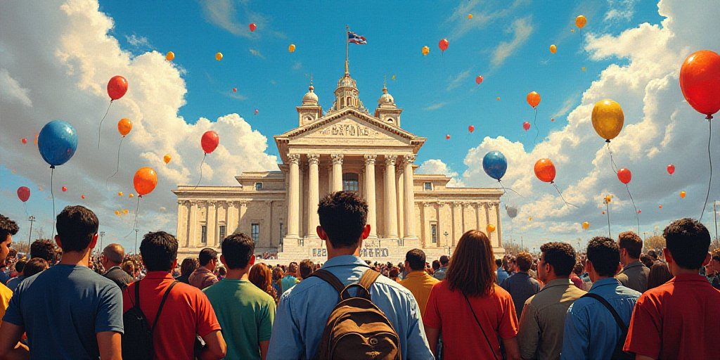 a crowd of people standing around a convention hall with balloons in the air and a sign that says be