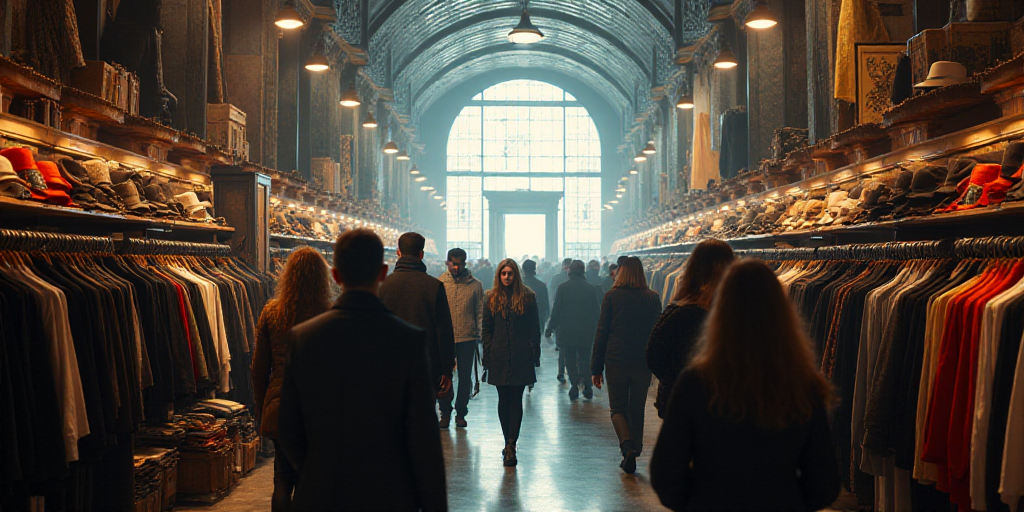 a crowd of people walking around a store filled with clothing and hats on racks and clothes hanging