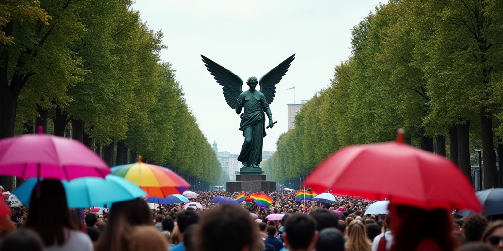 a crowd of people walking down a street holding rainbow flags and umbrellas in front of a statue of