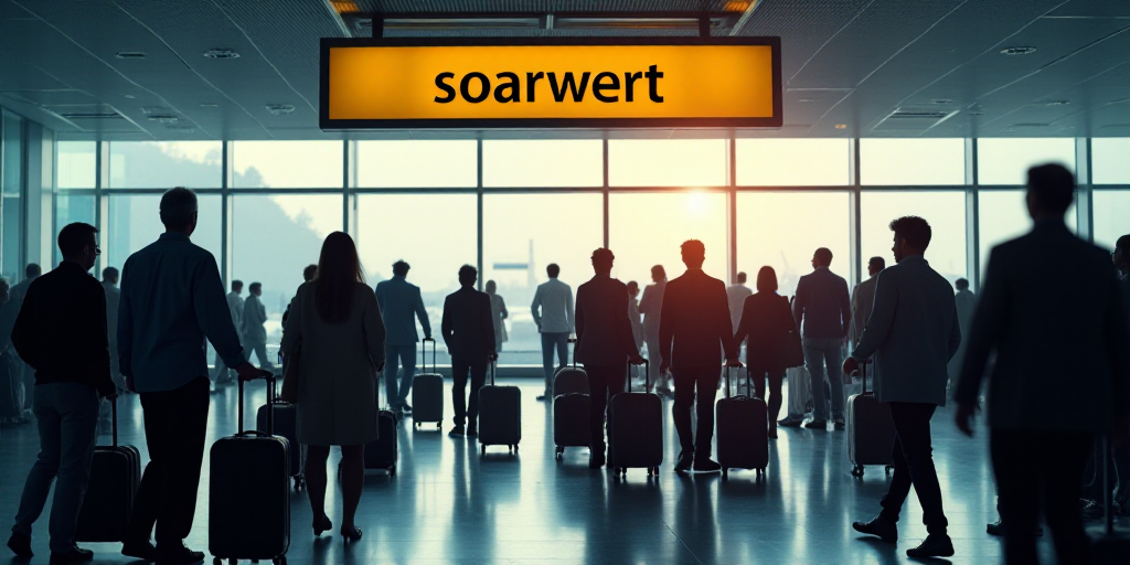 a crowd of people with luggage at an airport terminal with a sign in the background that says soarwe