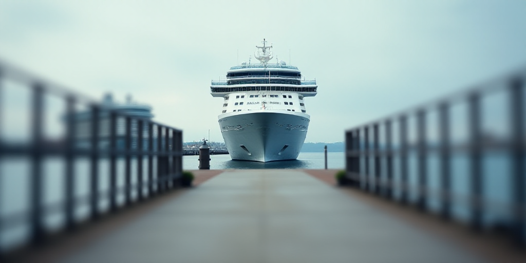 a cruise ship docked in a harbor with another ship in the background and a dock in the foreground, C