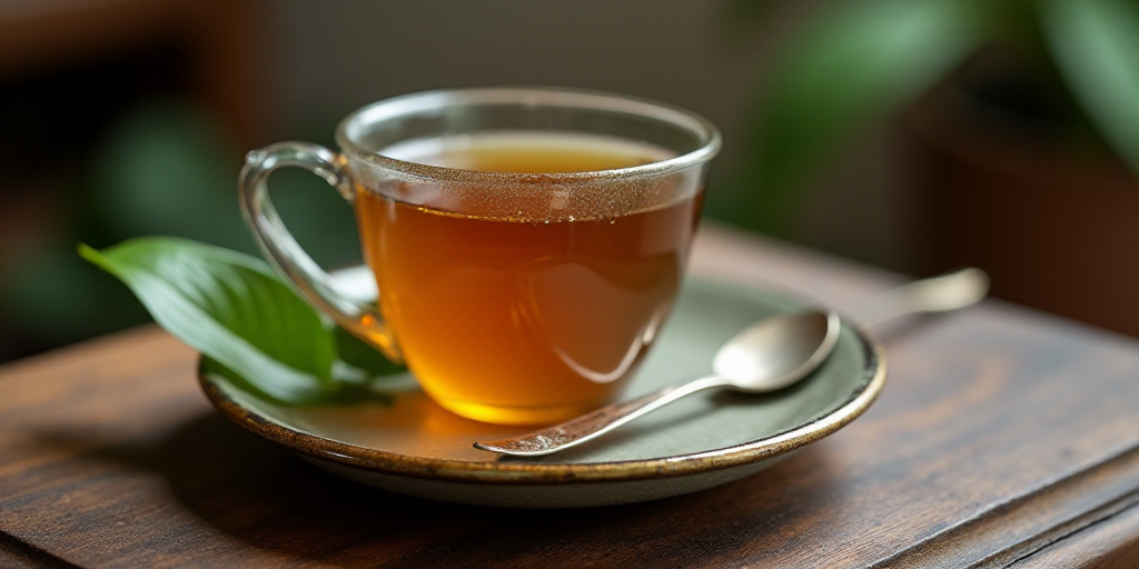 a cup of tea with a spoon and some leaves around it on a wooden table with a spoon and a cup of tea,