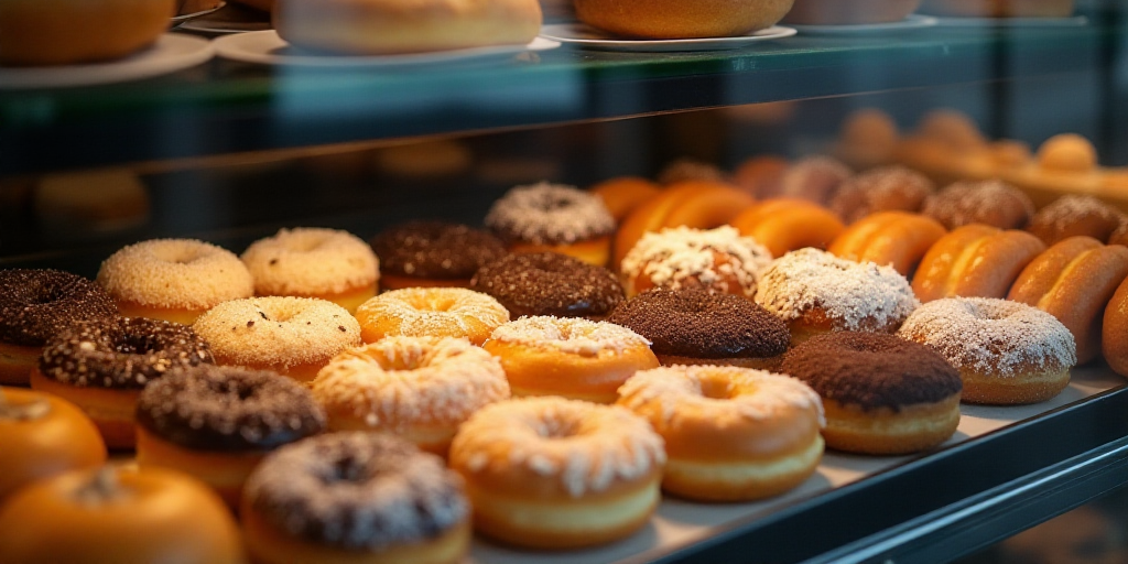 a display case filled with lots of different types of donuts and pastries in a bakery window display