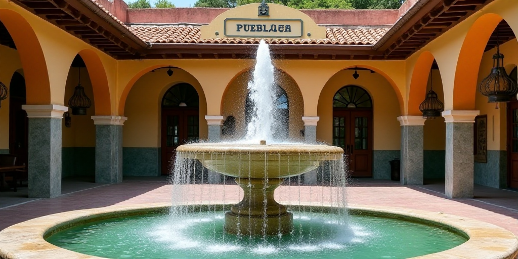 a display of a fountain in a building with a sign that says puebla on it and a fountain of water in
