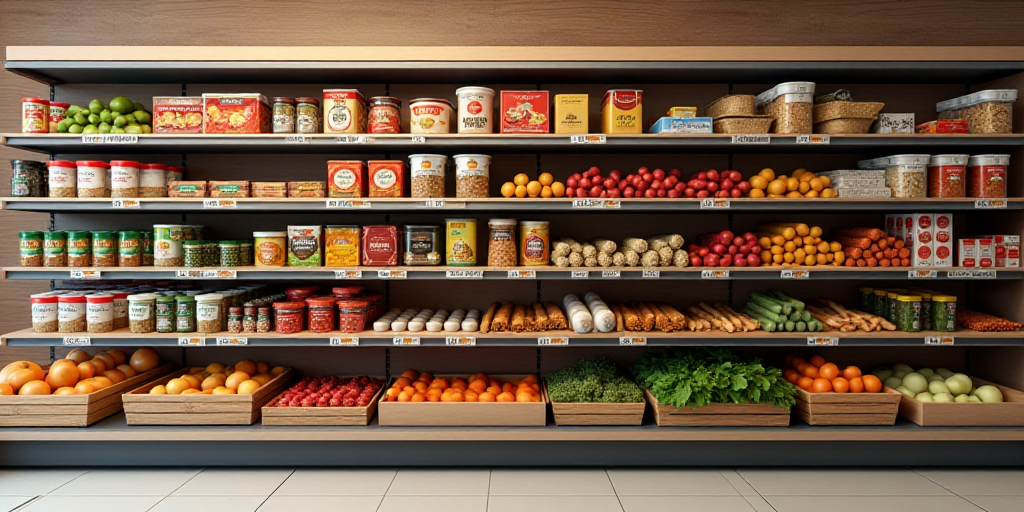 a display of food items in a store shelf with prices on the shelves and prices on the shelves below,