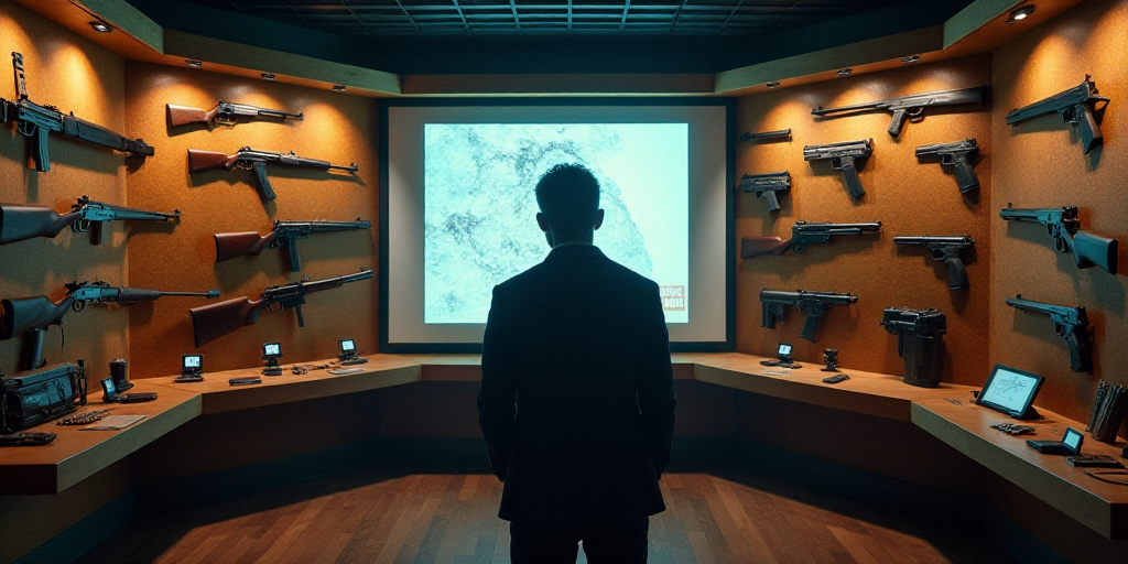 a display of guns and other items in a room with a screen in the background and a man standing in fr