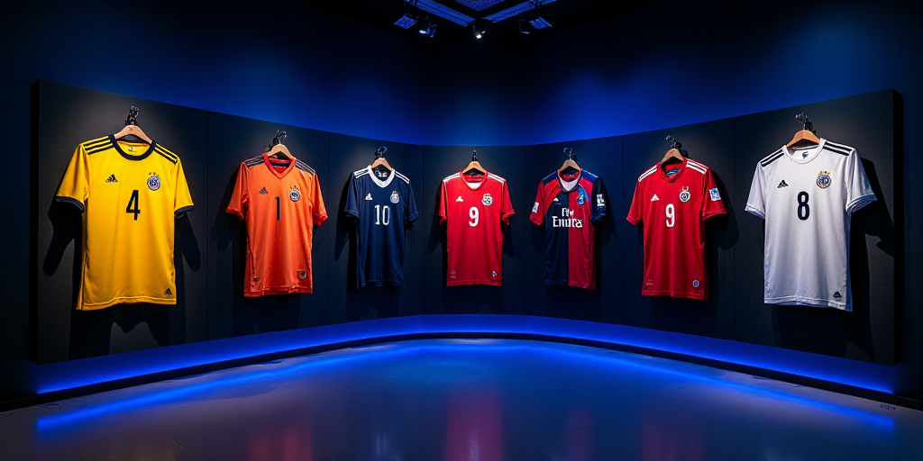 a display of soccer jerseys on a wall in a room with a blue light behind them and a black background