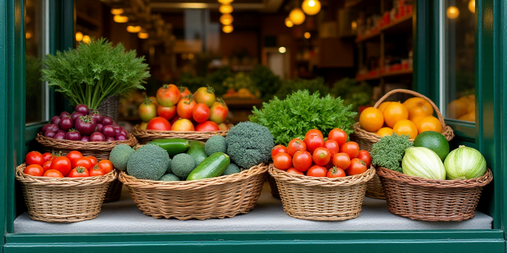 a display of vegetables and fruits in baskets on a table in a store window display case, with a vari