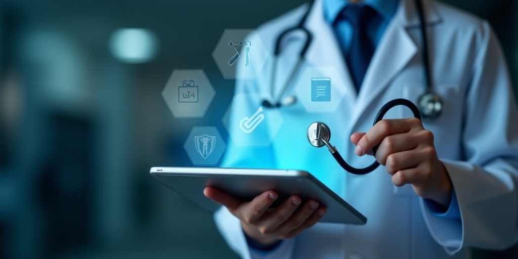 a doctor is holding a tablet with medical icons on it and a stethoscope in his hand, Évariste Vital