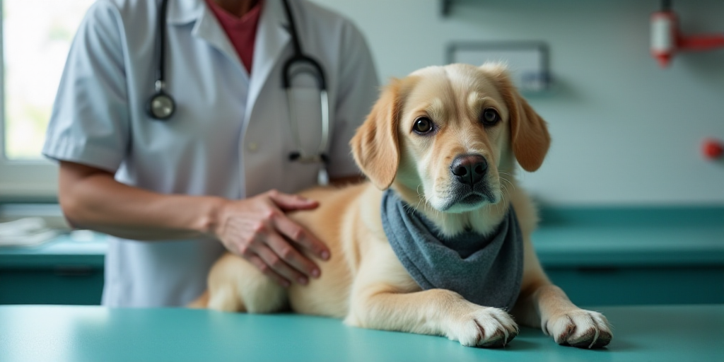 a dog is being examined by a veterinator at a veterinary's office table with a dog wearing a bandana