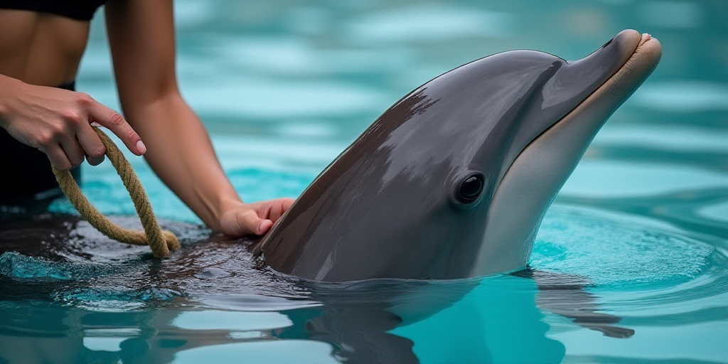 a dolphin being petted by a person with a rope around its neck and a hand holding a rope, Bouchta El
