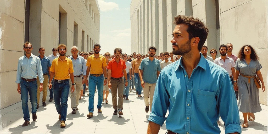 a drawing of a man in a blue shirt and a group of people in a crowd of people in a building, Edward