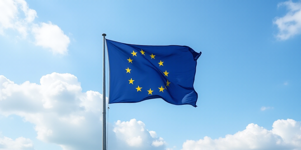 a european flag flying in the wind on a sunny day with clouds in the background and a blue sky with